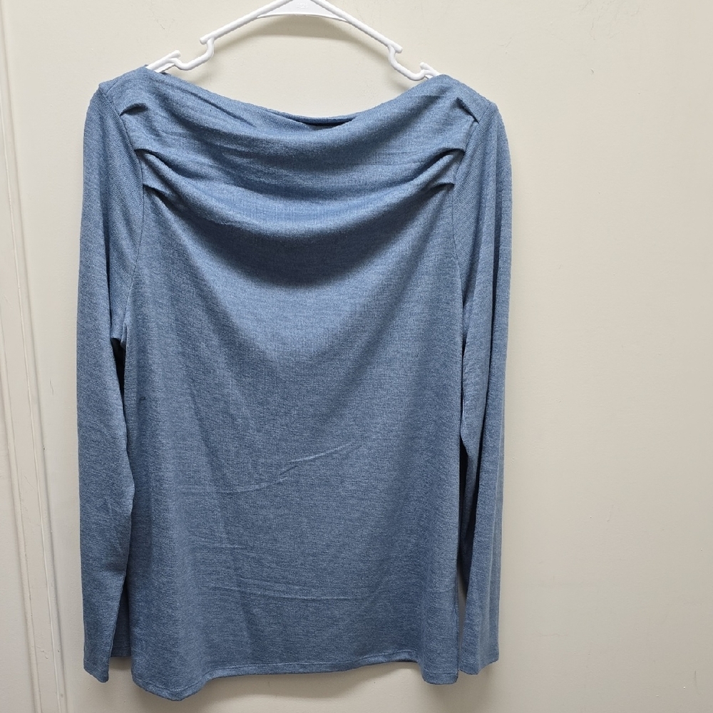 Bobeau LS Pleat Neck Elegant Bateau Blue Women's Top - Size L